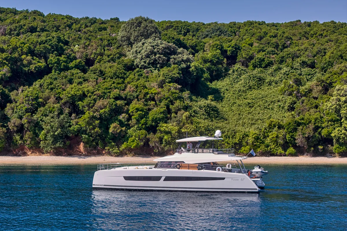 Ariva, a Fountaine Pajot Power 67 catamaran at Kontokali, Greece