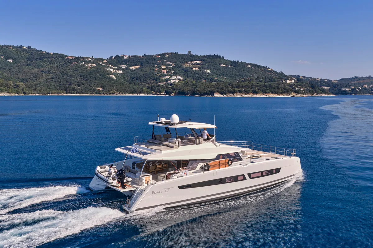 Ariva, a Fountaine Pajot Power 67 catamaran at Kontokali, Greece