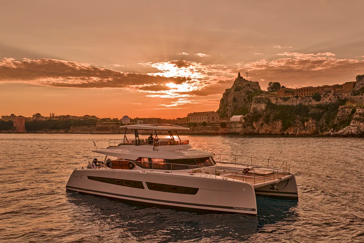 Ariva, a Fountaine Pajot Power 67 catamaran at Kontokali, Greece