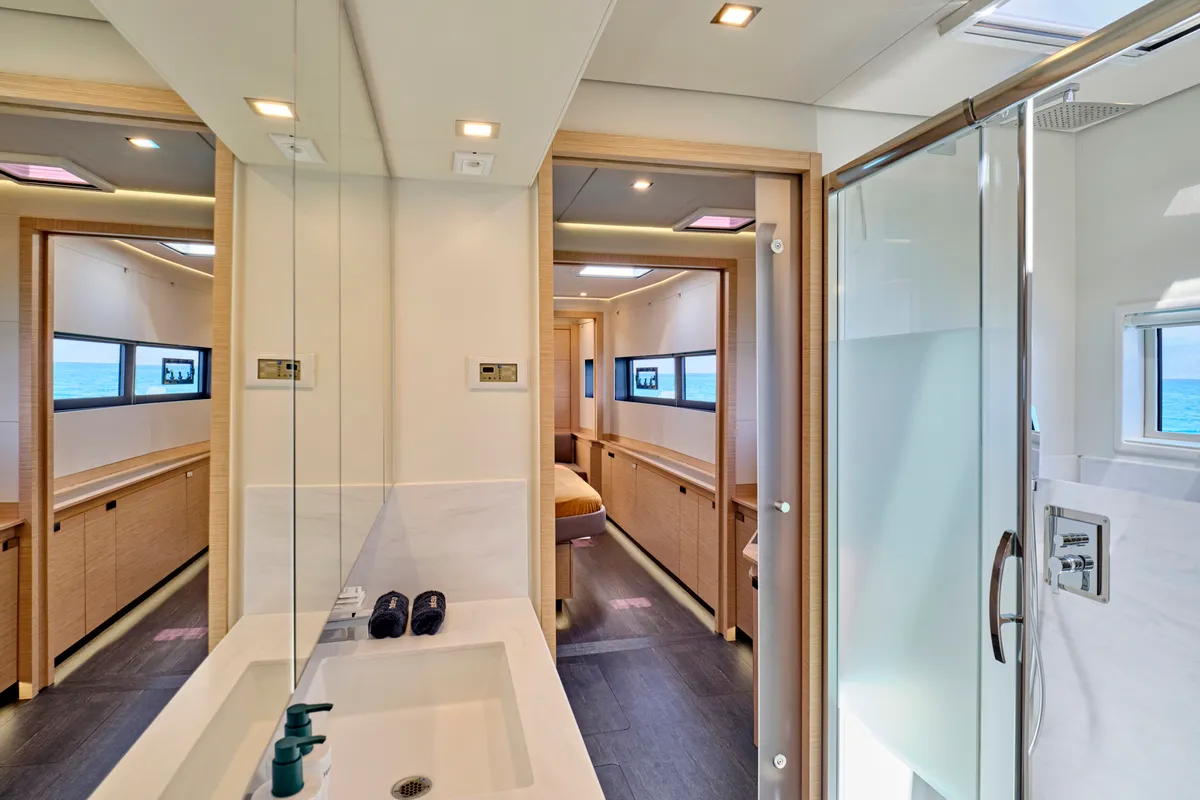 Ariva, a Fountaine Pajot Power 67 catamaran at Kontokali, Greece