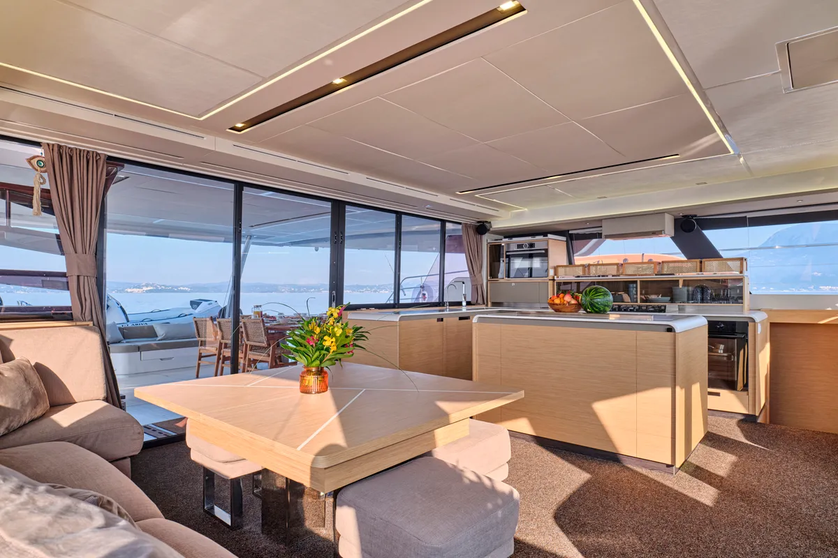 Ariva, a Fountaine Pajot Power 67 catamaran at Kontokali, Greece
