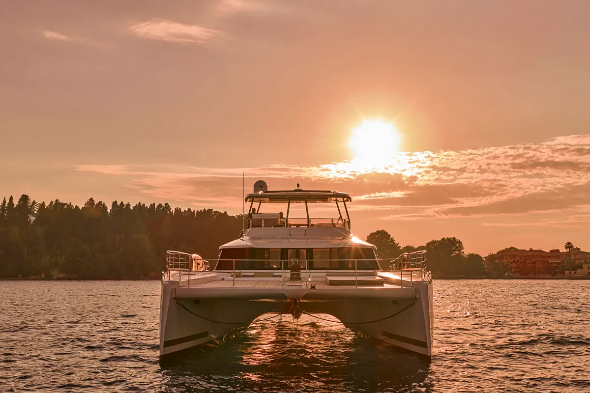 Ariva, a Fountaine Pajot Power 67 catamaran at Kontokali, Greece