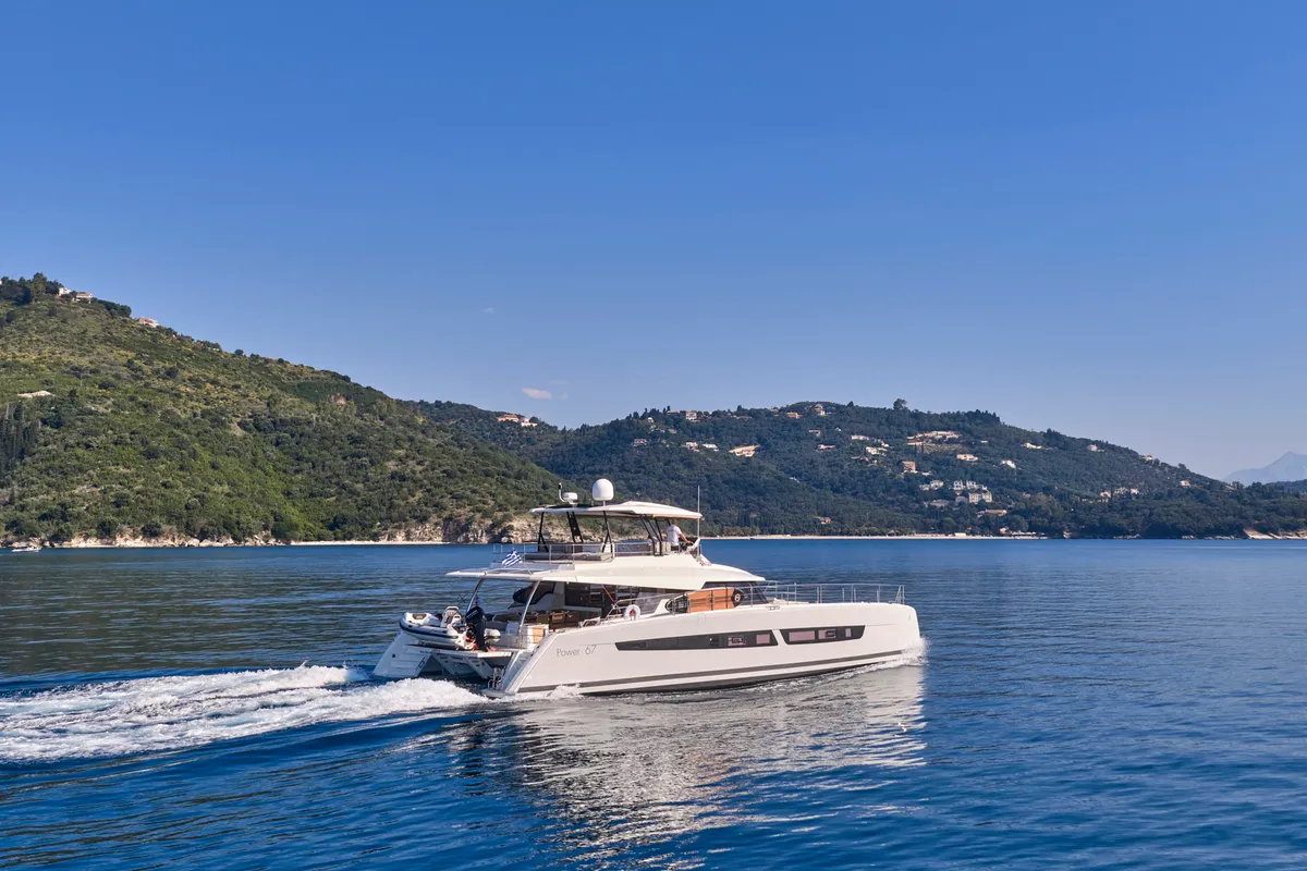 Ariva, a Fountaine Pajot Power 67 catamaran at Kontokali, Greece