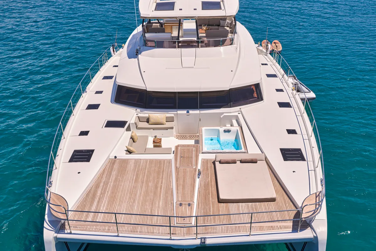 Ariva, a Fountaine Pajot Power 67 catamaran at Kontokali, Greece