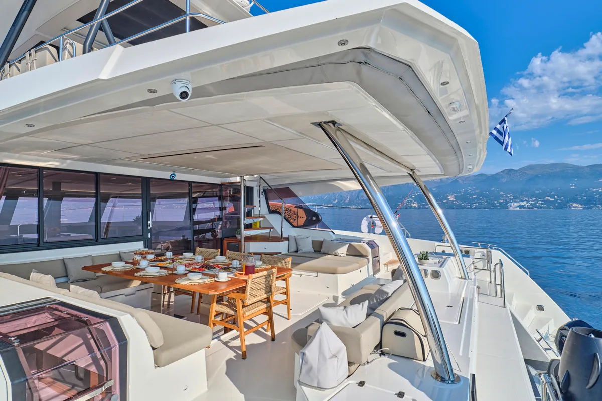 Ariva, a Fountaine Pajot Power 67 catamaran at Kontokali, Greece