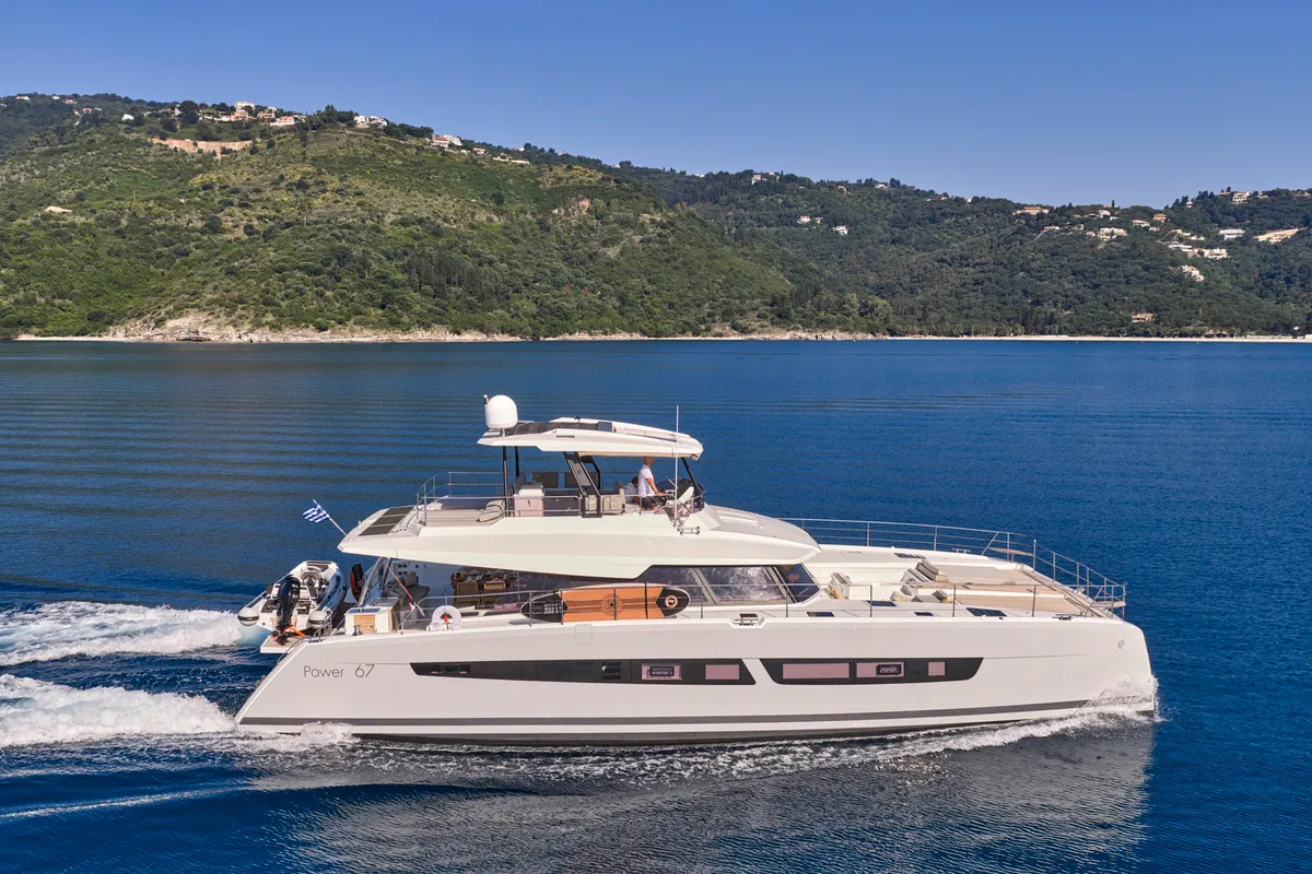 Ariva, a Fountaine Pajot Power 67 catamaran at Kontokali, Greece