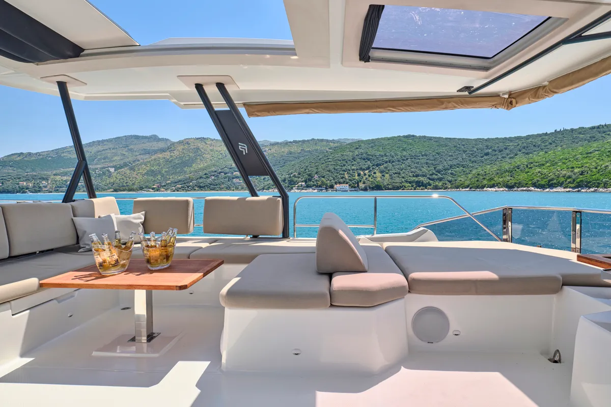 Ariva, a Fountaine Pajot Power 67 catamaran at Kontokali, Greece