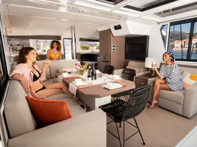 Salon of Nedo, a Bali 4.2 catamaran at Seget Donji, Croatia