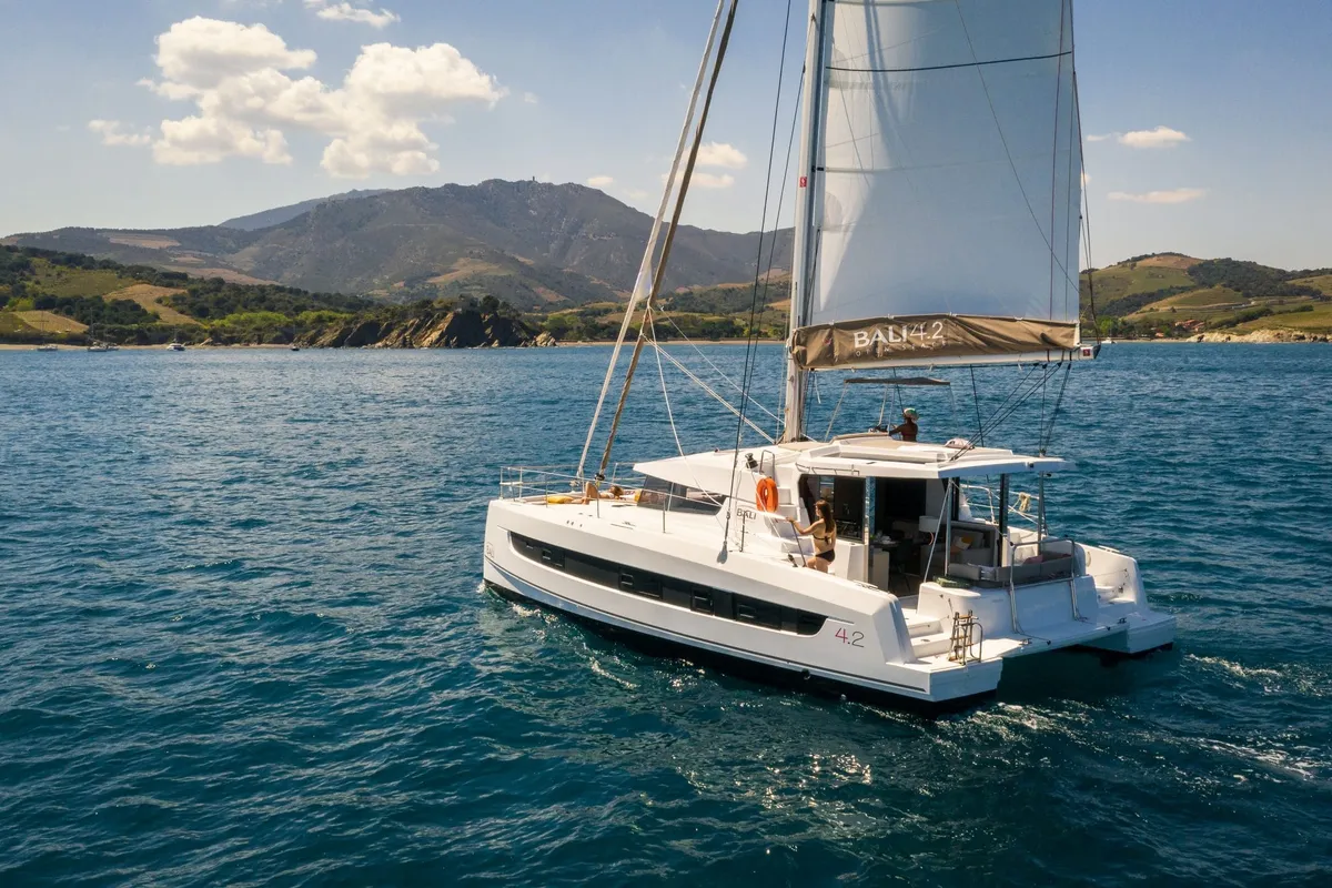 Exterior view of Nedo, a Bali 4.2 catamaran at Seget Donji, Croatia
