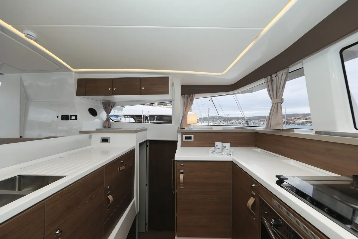 Galley of Open Office, a Bali 4.2 catamaran at Grad Trogir, Croatia