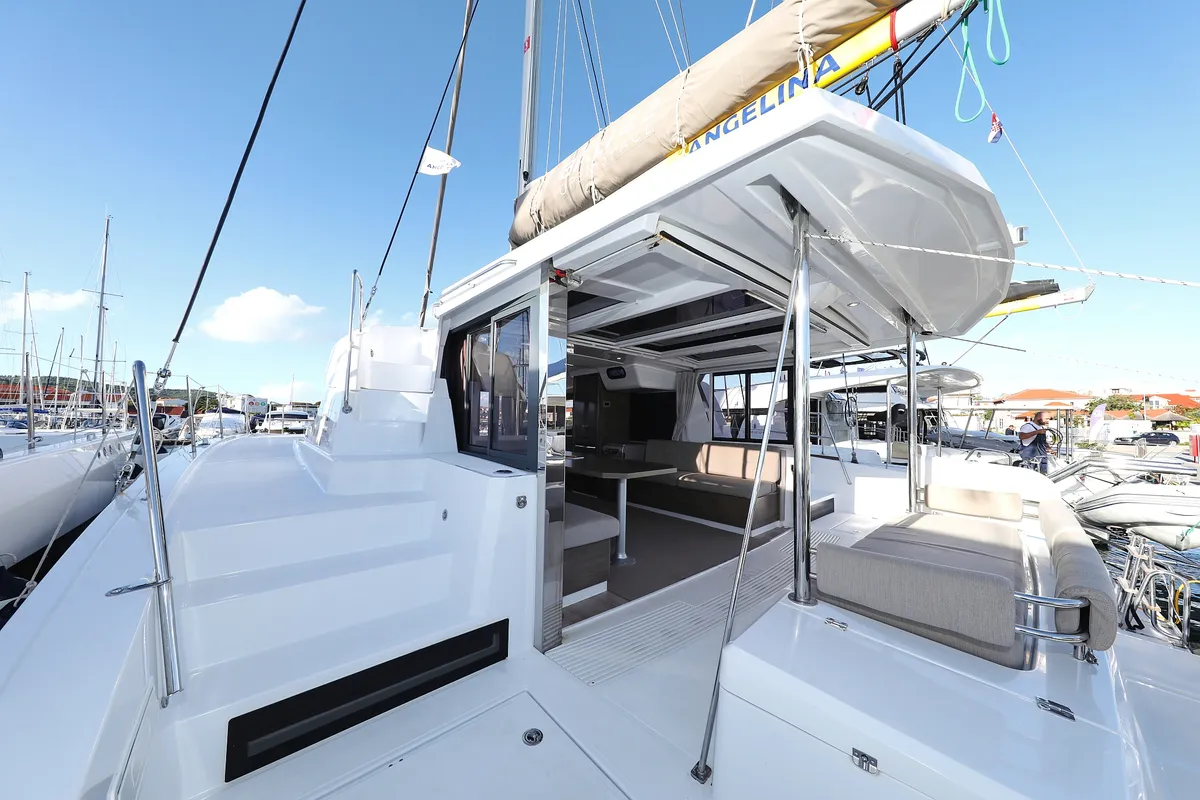 Deck of Open Office, a Bali 4.2 catamaran at Grad Trogir, Croatia
