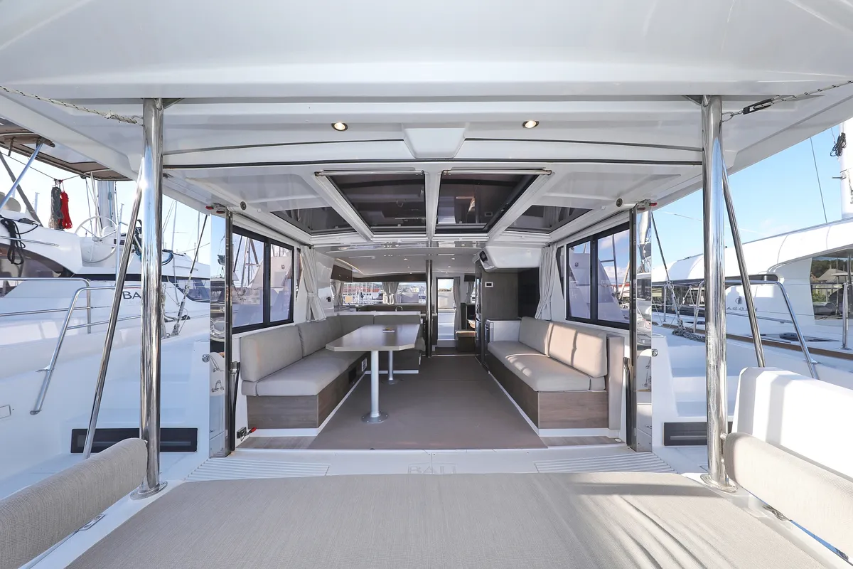 Deck of Open Office, a Bali 4.2 catamaran at Grad Trogir, Croatia
