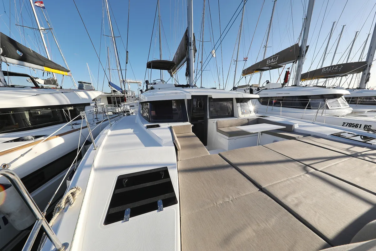 Deck of Open Office, a Bali 4.2 catamaran at Grad Trogir, Croatia