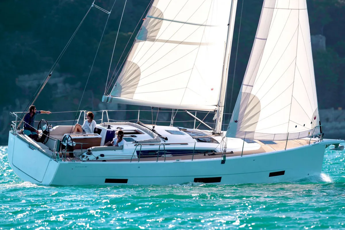 Exterior view of Alma Libre IX, a Dufour 390 Grand Large sailboat at Municipal Unit of Lefkada, Greece