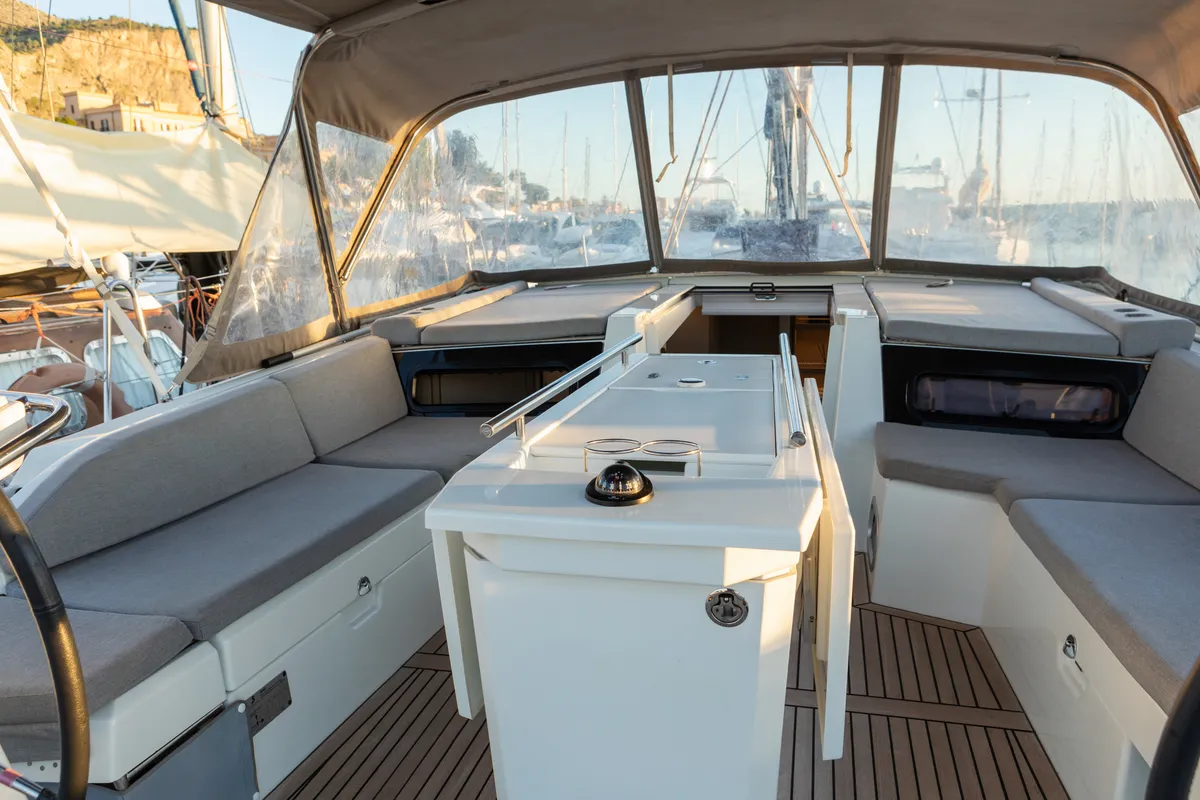 Cockpit of giugioma, a Beneteau Oceanis 46.1 sailboat at Palermo, Italy