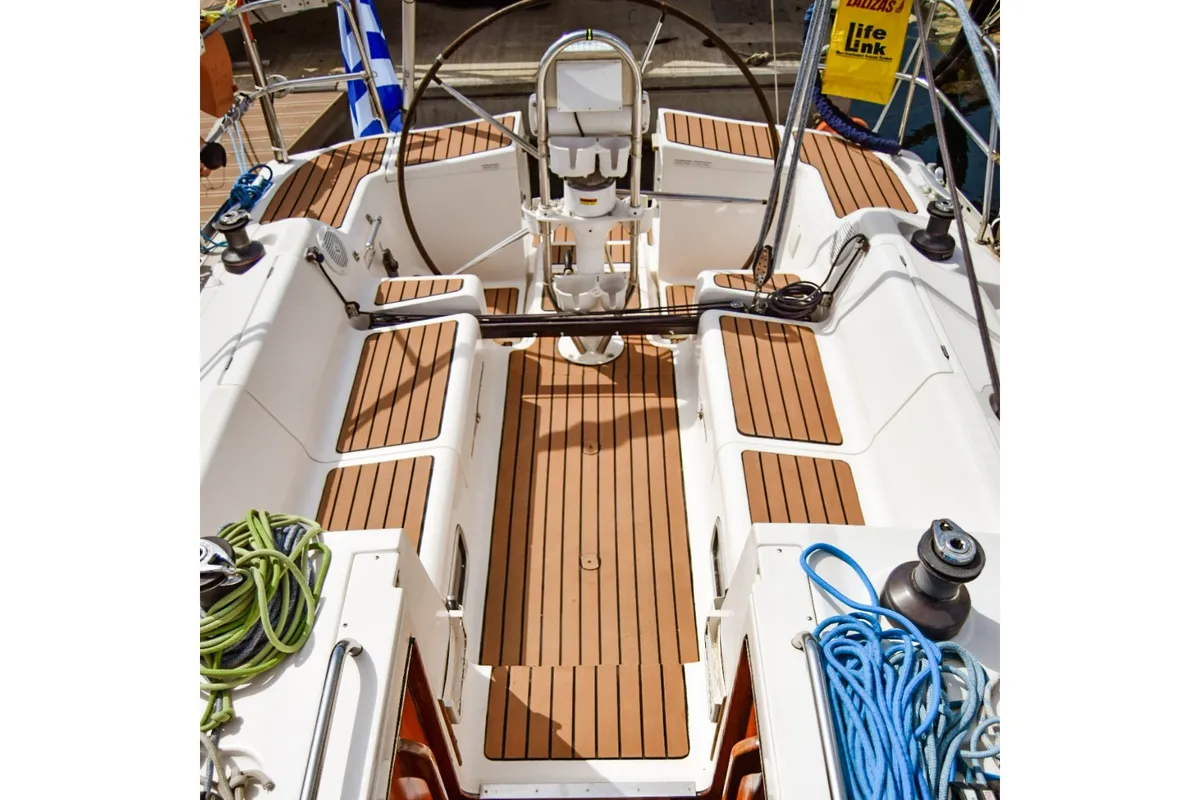 Cockpit of Ipsipili, a Elan 40 sailboat at Kavala, Greece