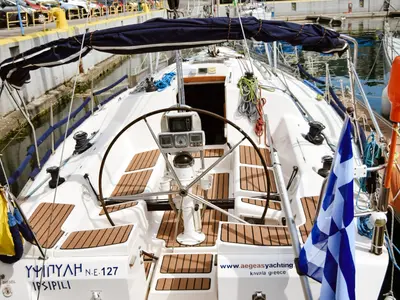Cockpit of Ipsipili, a Elan 40 sailboat at Kavala, Greece