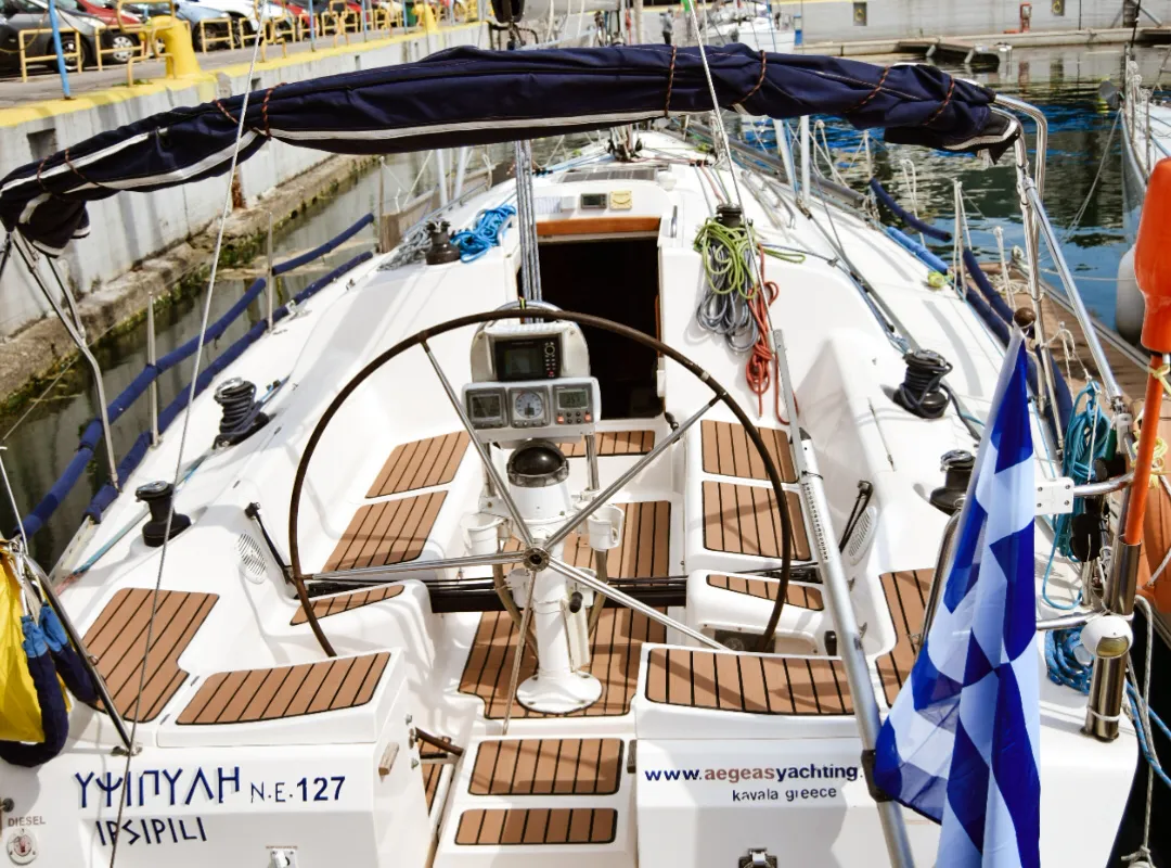 Cockpit of Ipsipili, a Elan 40 sailboat at Kavala, Greece