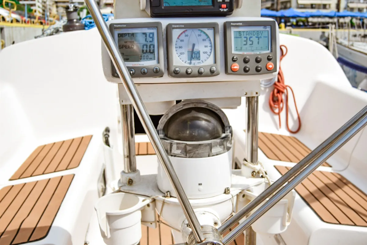 Cockpit of Ipsipili, a Elan 40 sailboat at Kavala, Greece