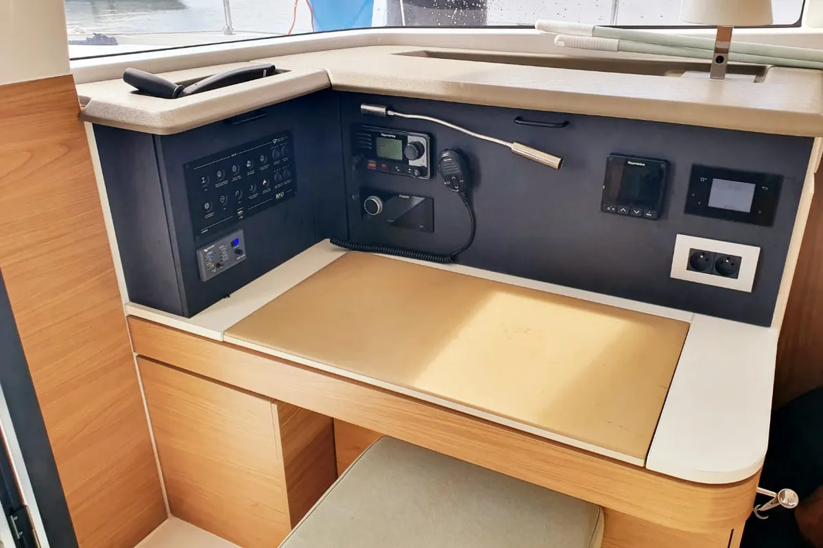 Cockpit of Vincy, a Bali 4.2 catamaran at Ajaccio, France