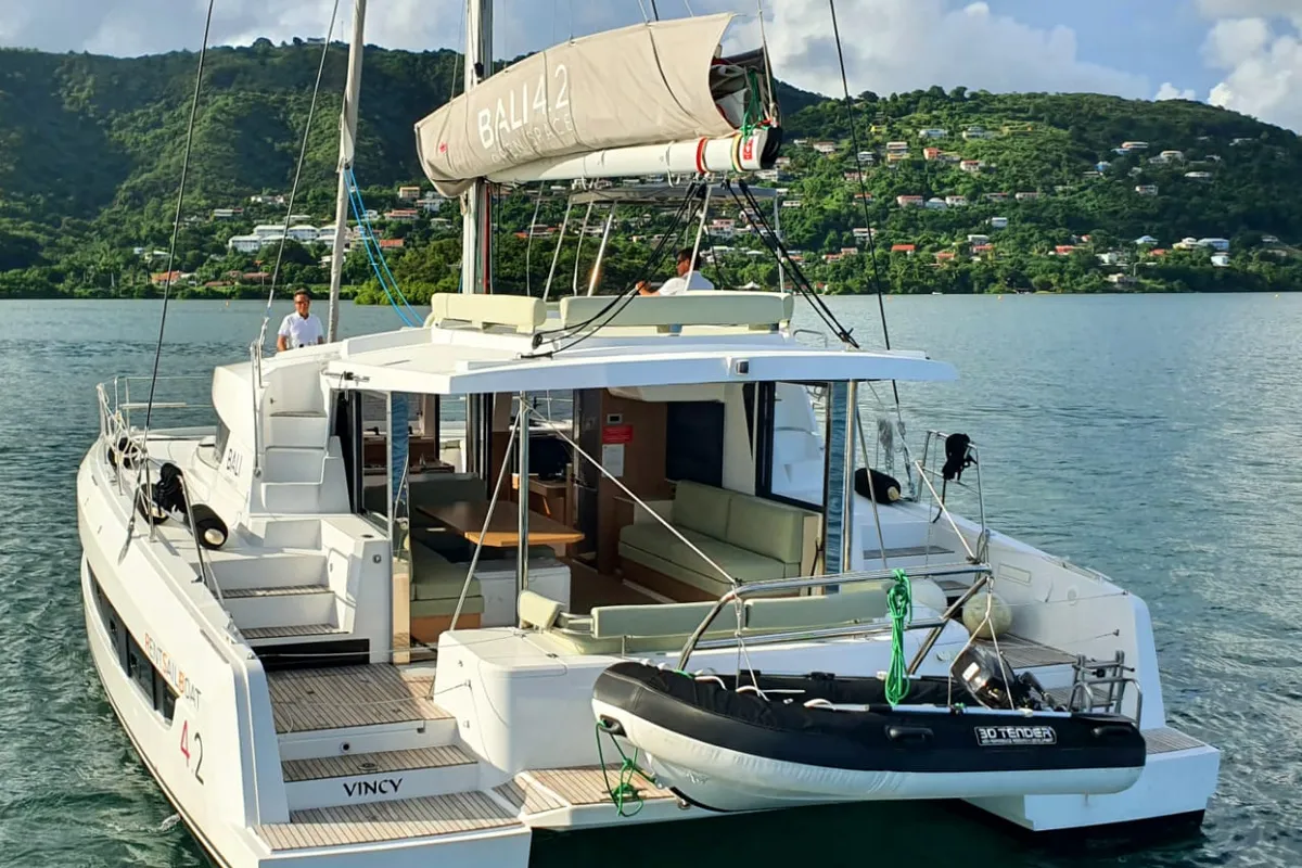 Exterior view of Vincy, a Bali 4.2 catamaran at Ajaccio, France
