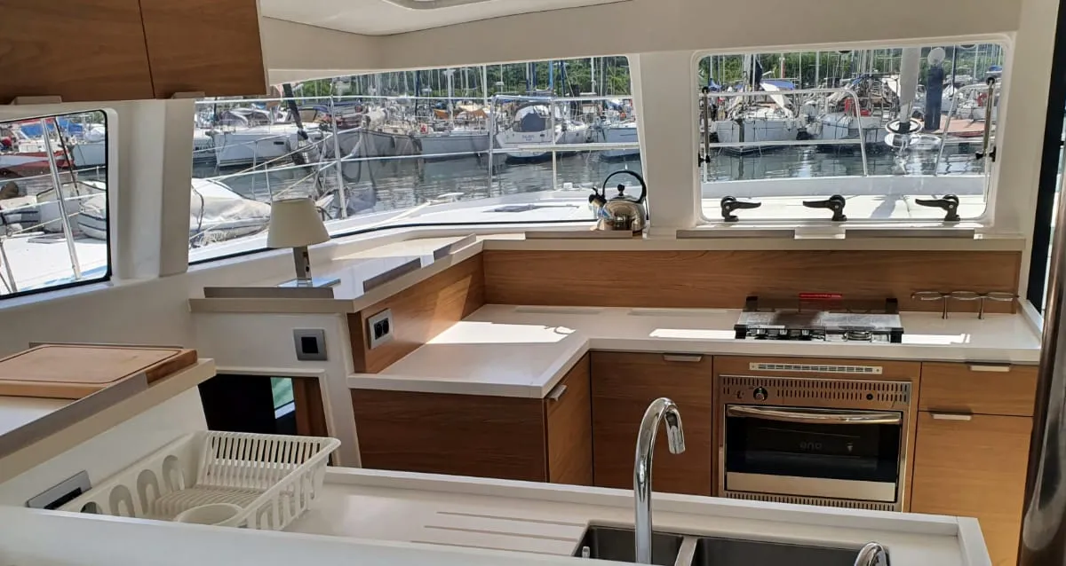Galley of Vincy, a Bali 4.2 catamaran at Ajaccio, France