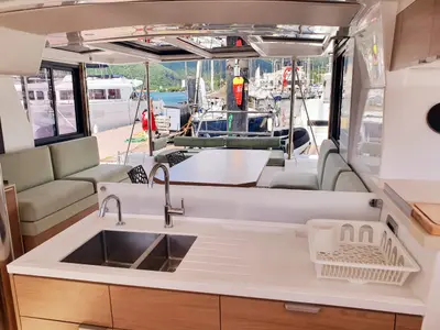 Galley of Vincy, a Bali 4.2 catamaran at Ajaccio, France