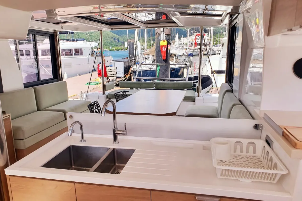Galley of Vincy, a Bali 4.2 catamaran at Ajaccio, France