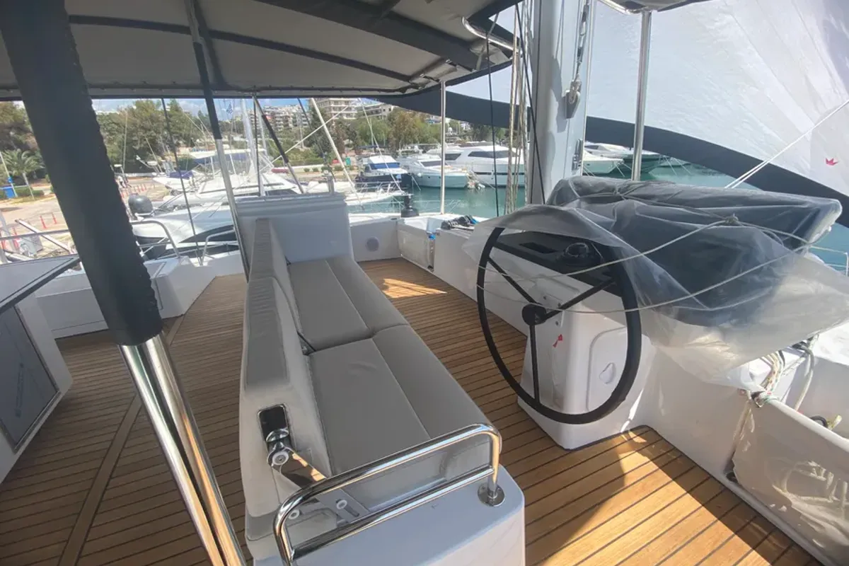 Cockpit of Bali 5.8 - 6 + 2 cab., a catamaran at Athens, Greece