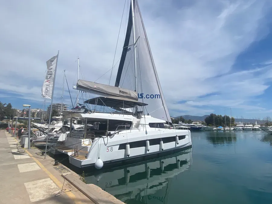 Exterior view of Bali 5.8 - 6 + 2 cab., a catamaran at Athens, Greece