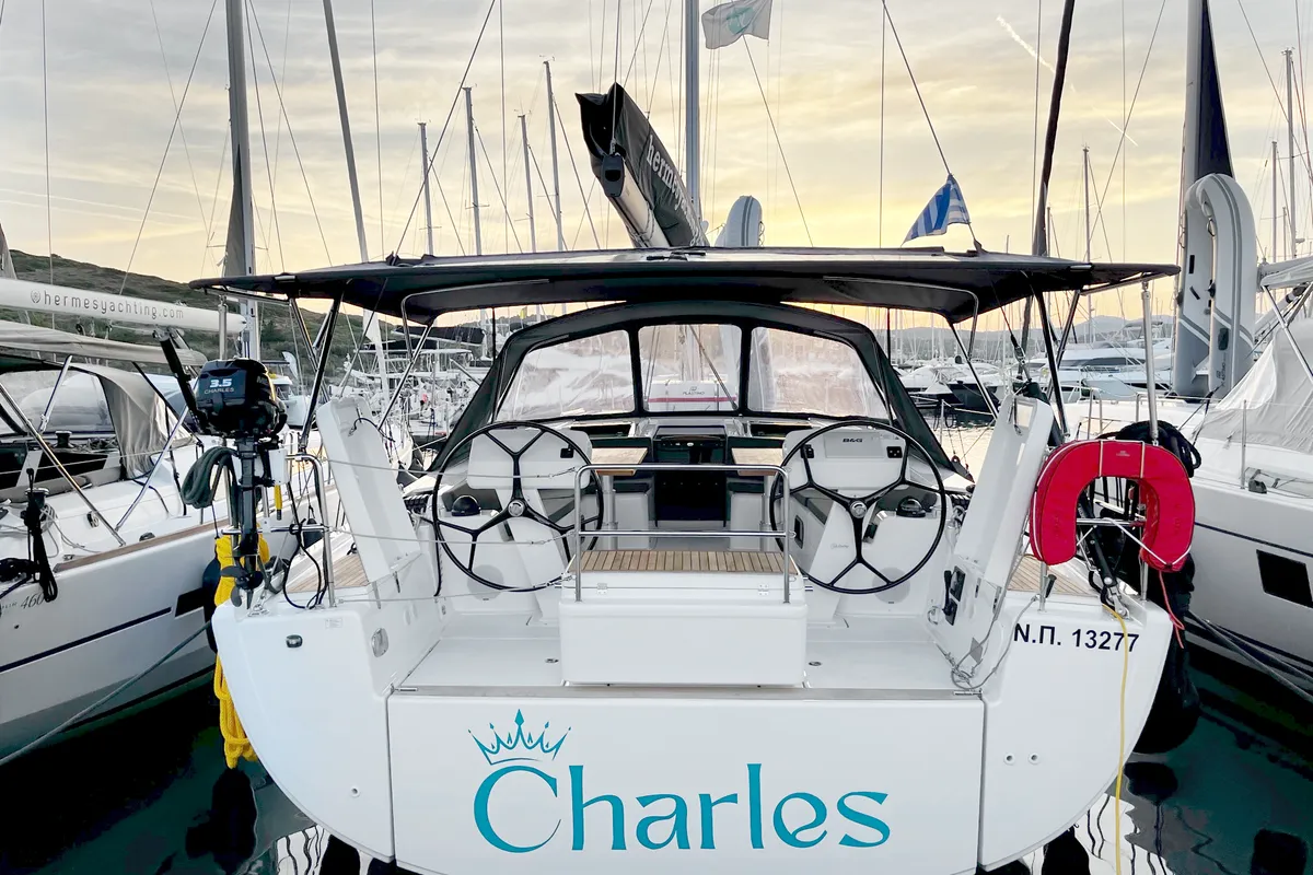 Exterior view of Charles, a Hanse 508 sailboat at Thessaloniki, Greece
