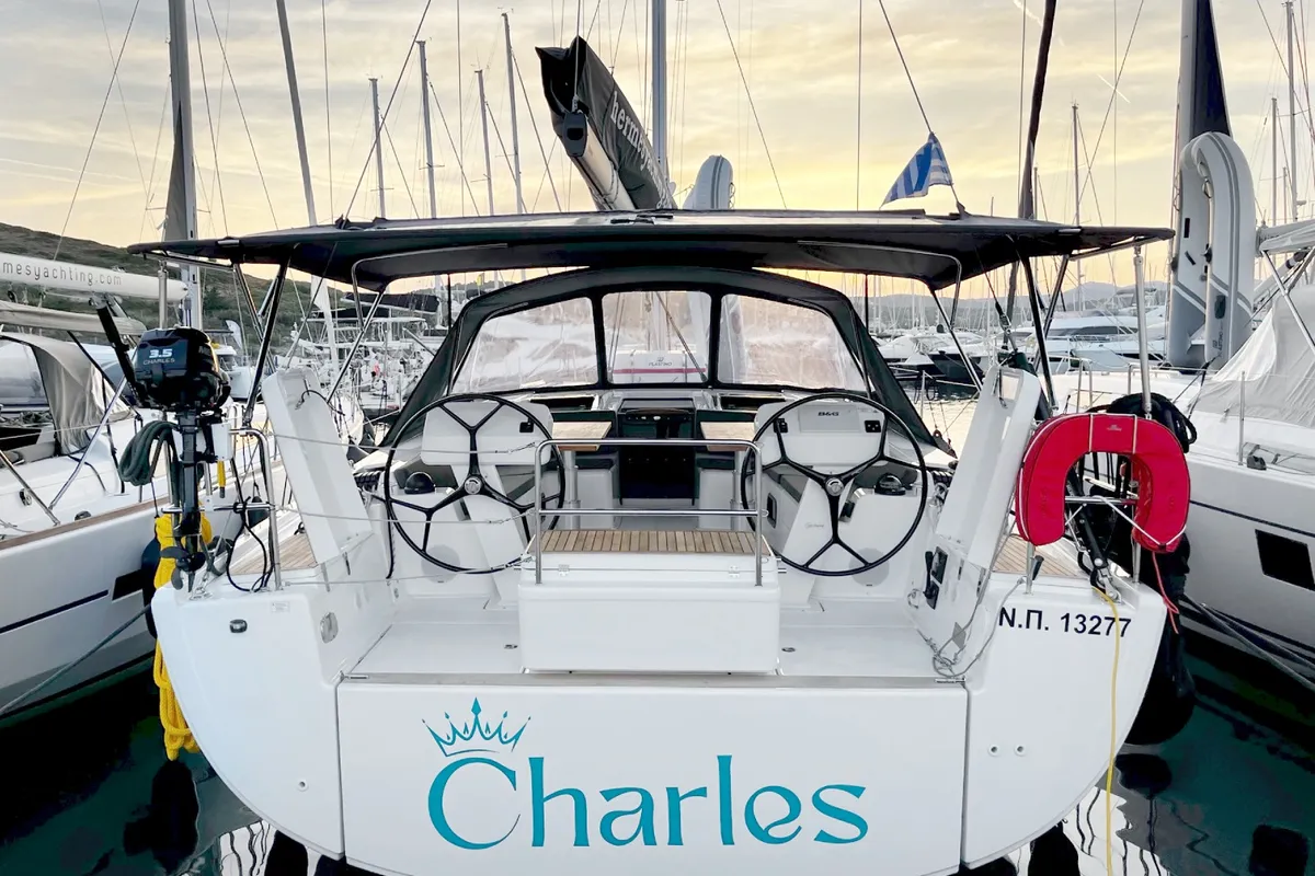 Exterior view of Charles, a Hanse 508 sailboat at Thessaloniki, Greece