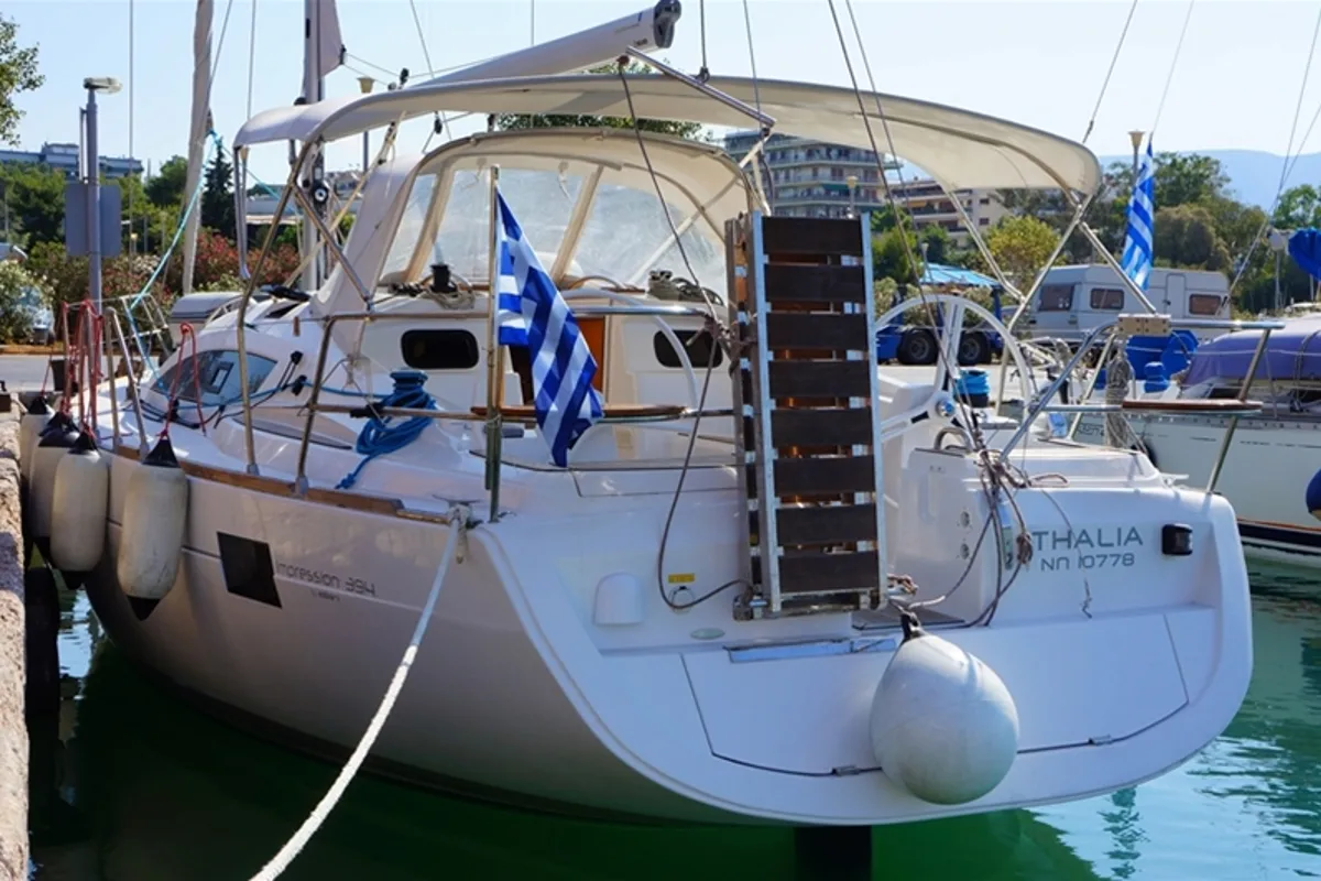 Exterior view of Thalia, a Elan 394 Impression sailboat at Kontokali, Greece