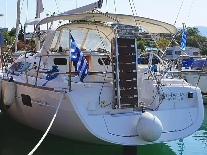 Exterior view of Thalia, a Elan 394 Impression sailboat at Kontokali, Greece