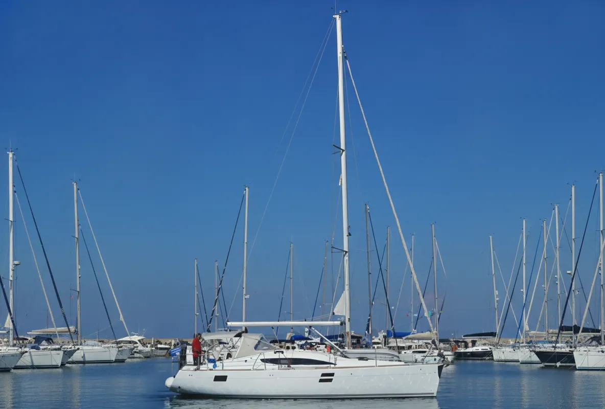 Exterior view of Thalia, a Elan 394 Impression sailboat at Kontokali, Greece
