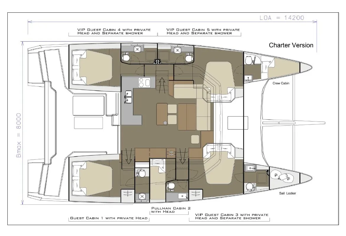 Floor plan of TETI, a Dufour Catamaran 48 catamaran at Olbia, Italy