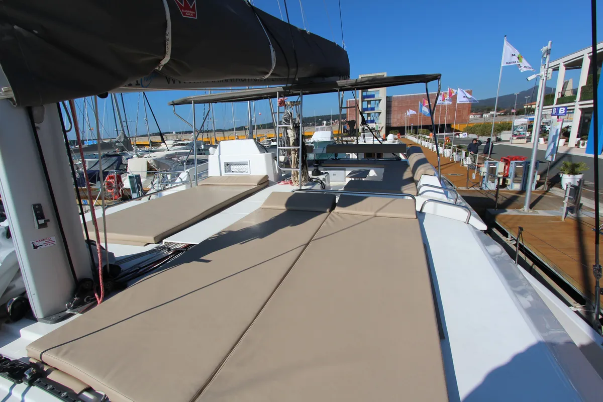 Deck of TETI, a Dufour Catamaran 48 catamaran at Olbia, Italy