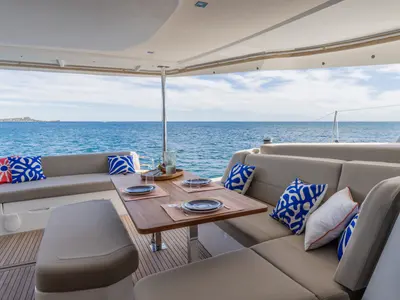 Deck of Premium +, a Fountaine Pajot New 44 catamaran at Portimão, Portugal