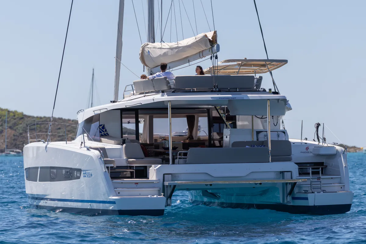 Exterior view of Premium +, a Fountaine Pajot New 44 catamaran at Portimão, Portugal
