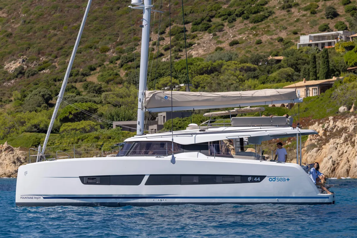 Exterior view of Premium +, a Fountaine Pajot New 44 catamaran at Portimão, Portugal
