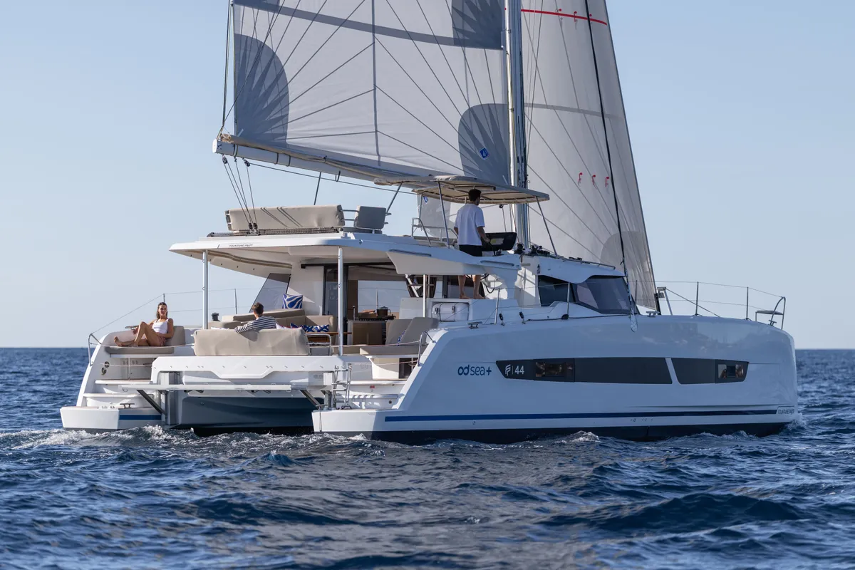 Exterior view of Premium +, a Fountaine Pajot New 44 catamaran at Portimão, Portugal
