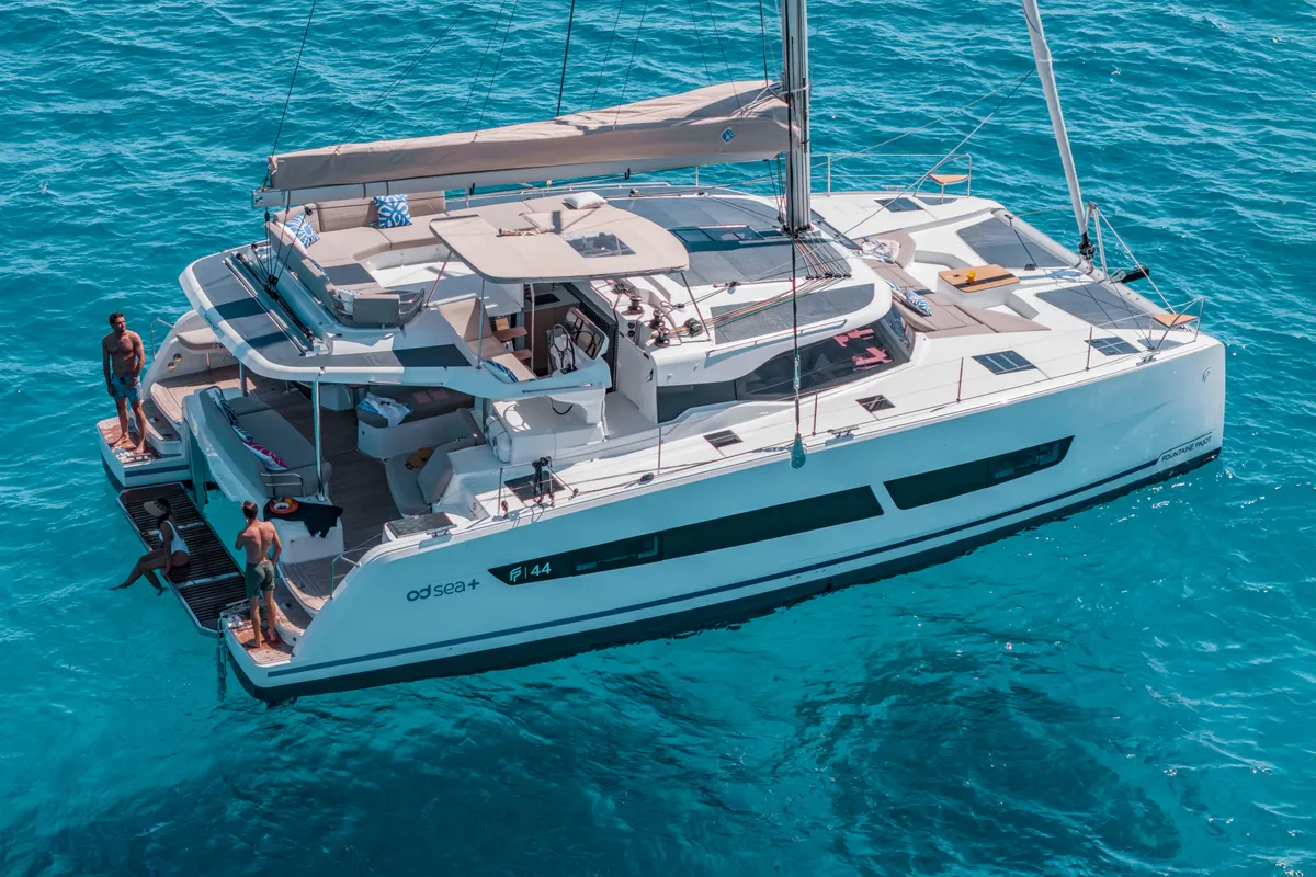 Exterior view of Premium +, a Fountaine Pajot New 44 catamaran at Portimão, Portugal