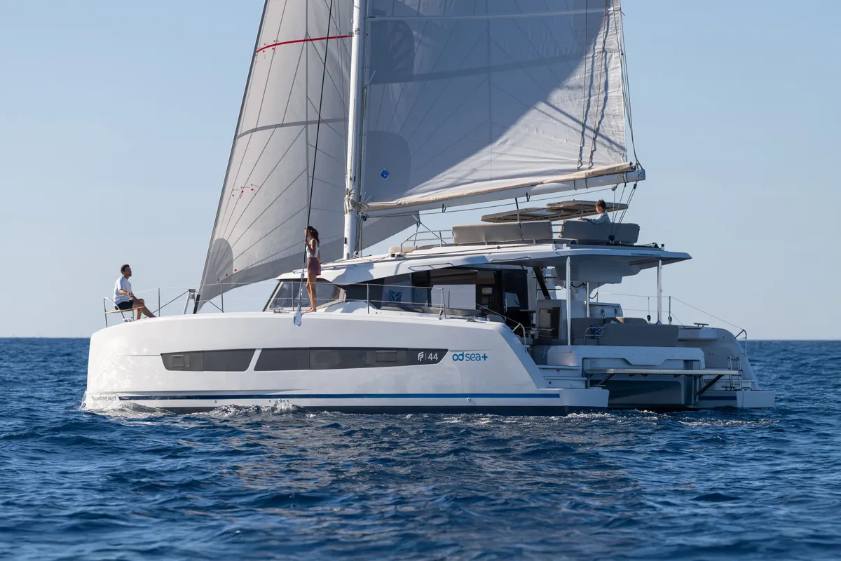 Exterior view of Premium +, a Fountaine Pajot New 44 catamaran at Portimão, Portugal
