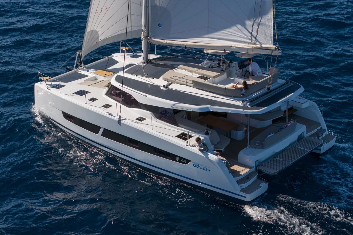 Exterior view of Premium +, a Fountaine Pajot New 44 catamaran at Portimão, Portugal