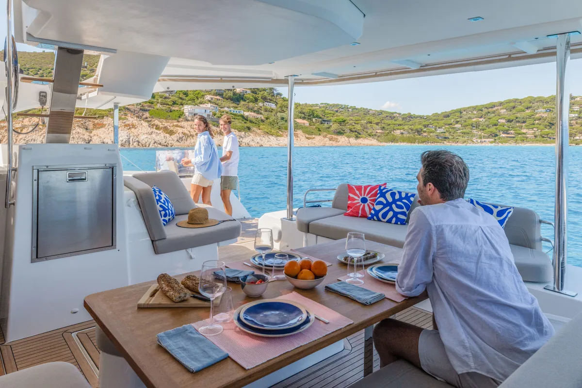 Deck of Premium +, a Fountaine Pajot New 44 catamaran at Portimão, Portugal