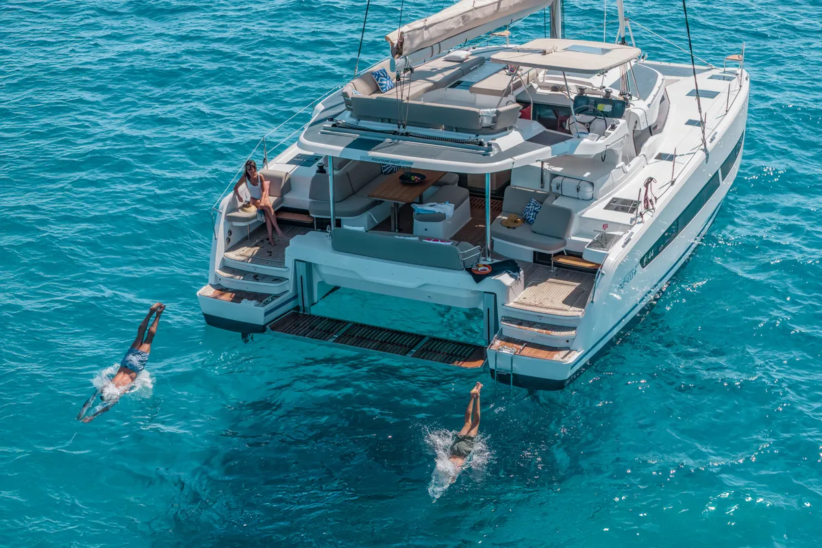 Exterior view of Premium +, a Fountaine Pajot New 44 catamaran at Portimão, Portugal