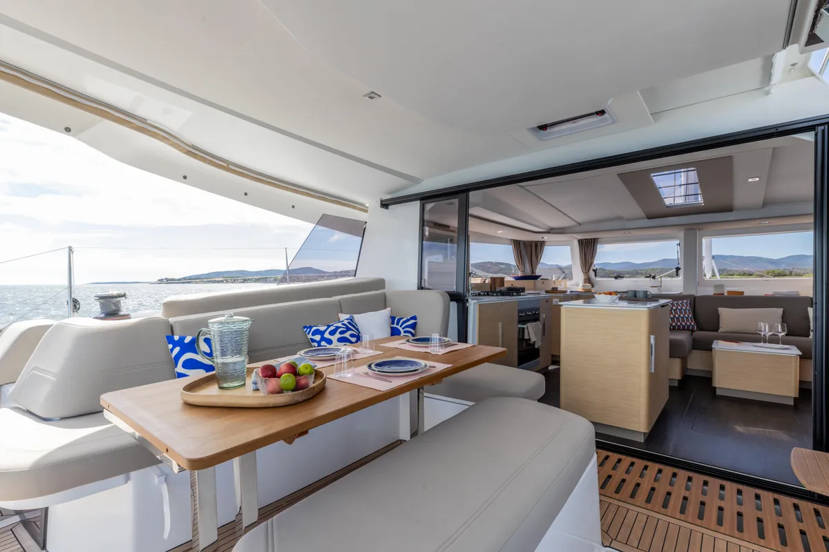 Deck of Premium +, a Fountaine Pajot New 44 catamaran at Portimão, Portugal