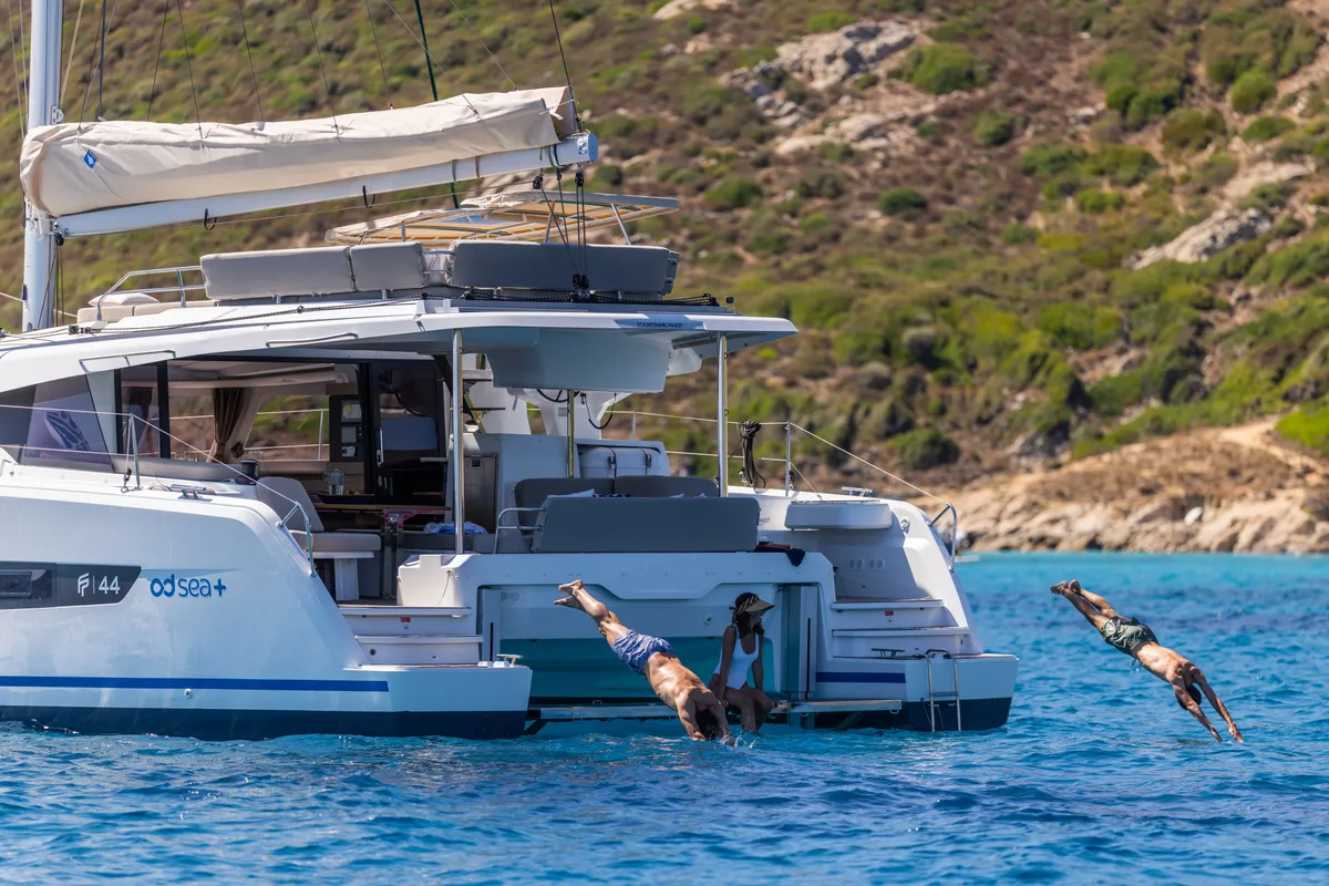 Exterior view of Premium +, a Fountaine Pajot New 44 catamaran at Portimão, Portugal