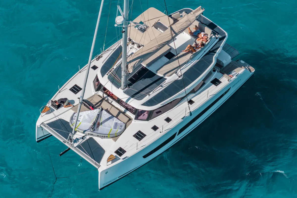 Exterior view of Premium +, a Fountaine Pajot New 44 catamaran at Portimão, Portugal