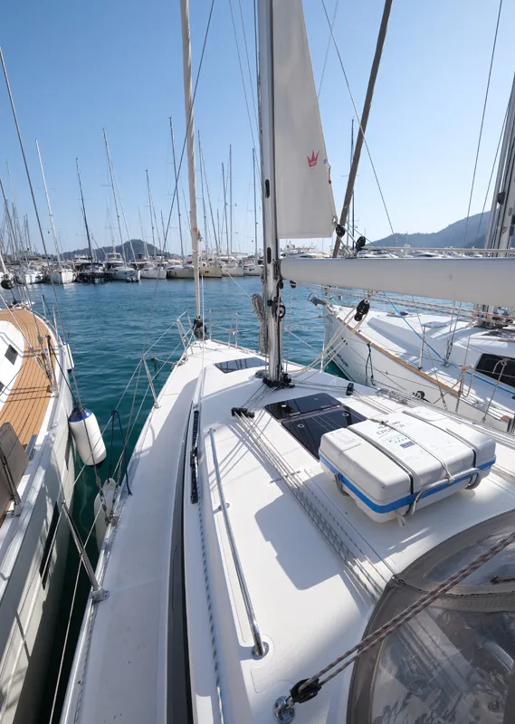 Deck of Dory 2, a Bavaria Cruiser 34 sailboat at Fethiye, Turkey